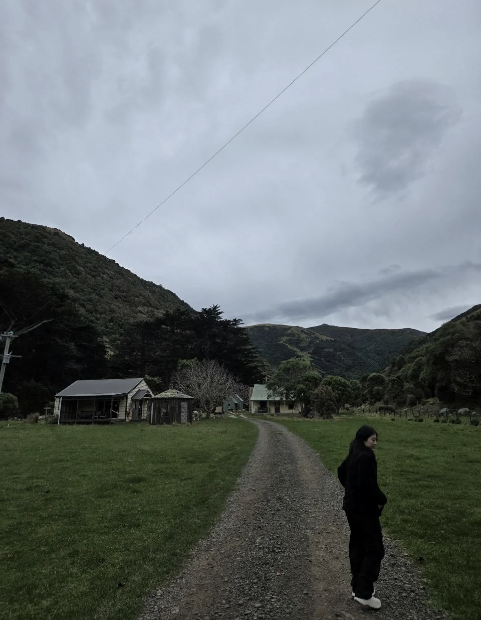 A quiet gravel path through Pōhatu under a darkening sky, with one visitor standing still near the valley